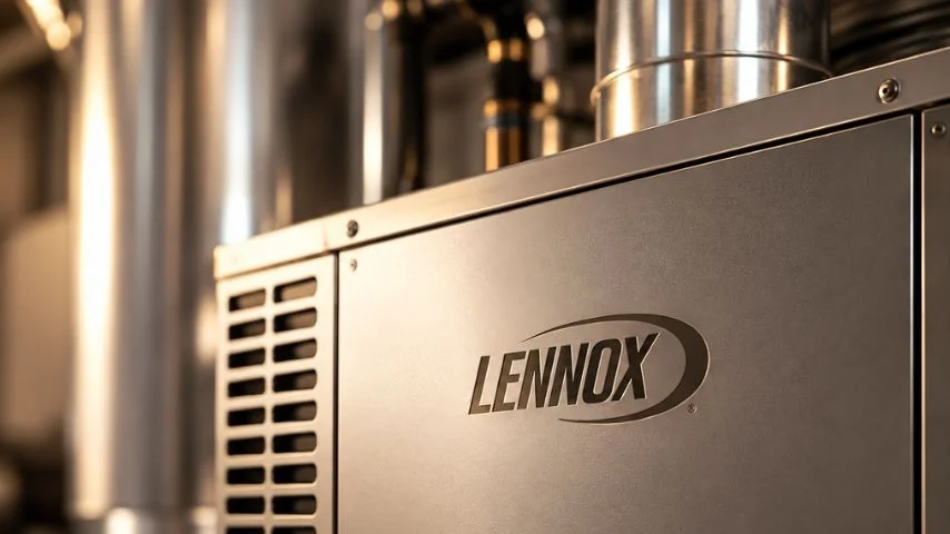 Close-up of a metallic HVAC unit with the brand name 'Lennox' on the side, with metal ventilation pipes in the background.